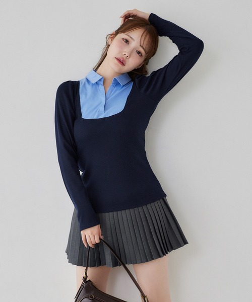 one after another NICE CLAUP（ワンアフターアナザーナイスクラップ）の「ドッキングシャツトップス（Tシャツ/カットソー・レディース・ブラック/ネイビー/ベージュ/杢グレー・FREE）」の4枚目の写真