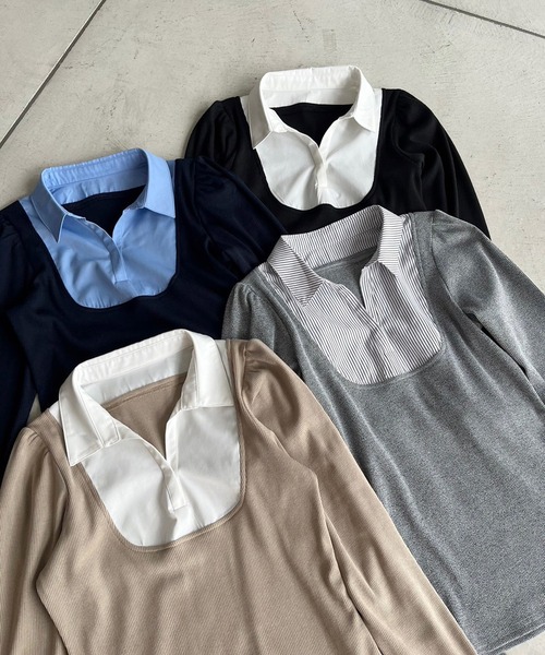 one after another NICE CLAUP（ワンアフターアナザーナイスクラップ）の「ドッキングシャツトップス（Tシャツ/カットソー・レディース・ブラック/ネイビー/ベージュ/杢グレー・FREE）」の19枚目の写真