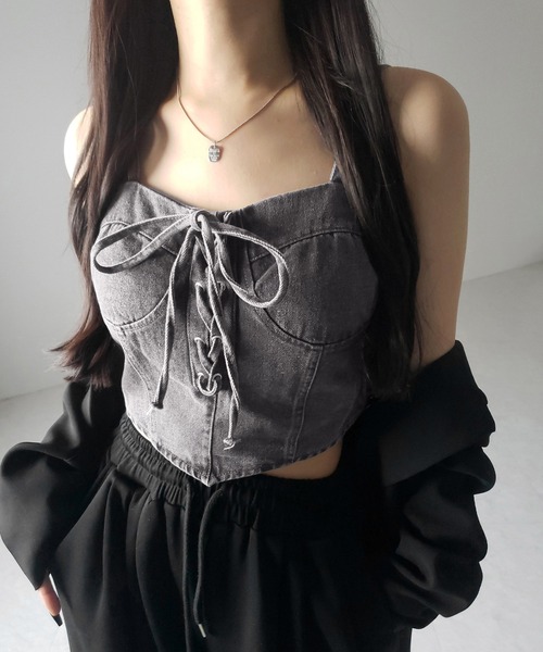 2color 】レースアップリボンコルセットデニムビスチェ ／ lace up