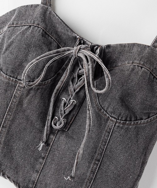 me+em select(ミームセレクト)の「【 2color 】レースアップリボンコルセットデニムビスチェ / lace up ribbon corset denim bustier(キャミソール・レディース・ブラック/ブルー・FREE)」の19枚目の写真