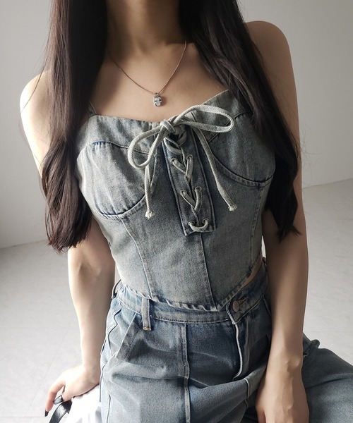 me+em select(ミームセレクト)の「【 2color 】レースアップリボンコルセットデニムビスチェ / lace up ribbon corset denim bustier(キャミソール・レディース・ブラック/ブルー・FREE)」の5枚目の写真