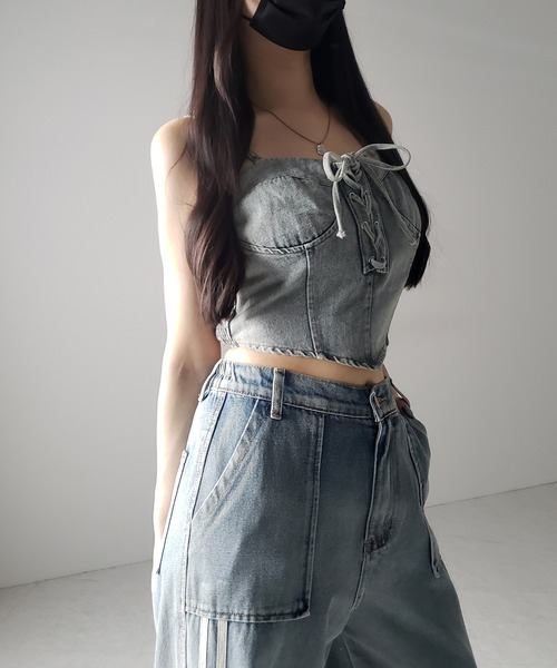 me+em select(ミームセレクト)の「【 2color 】レースアップリボンコルセットデニムビスチェ / lace up ribbon corset denim bustier(キャミソール・レディース・ブラック/ブルー・FREE)」の12枚目の写真