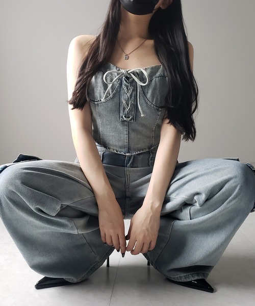 PRADA ジップ　リボン　デニムコルセット　デニムビスチェ PRADA - PRADA ジップ リボン デニムコルセット デニムビスチェ