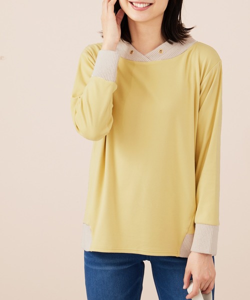 BELLUNA PLUS（ベルーナ）の「ワイドネックデザイン配色切替プルオーバー（Tシャツ/カットソー・レディース・ブルー系/杢グレー/イエロー系・LARGE/MEDIUM/X-LARGE）」の3枚目の写真