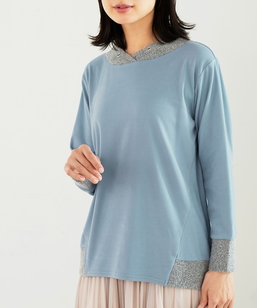 BELLUNA PLUS（ベルーナ）の「ワイドネックデザイン配色切替プルオーバー（Tシャツ/カットソー・レディース・ブルー系/杢グレー/イエロー系・LARGE/MEDIUM/X-LARGE）」の9枚目の写真