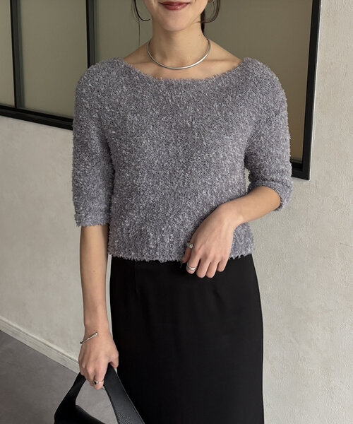 Thevon(ゼボン)の「5分袖リボンヤーンニットプルオーバー(カーディガン/ボレロ・レディース・ベージュ/グレー/ブルー・FREE)」の2枚目の写真