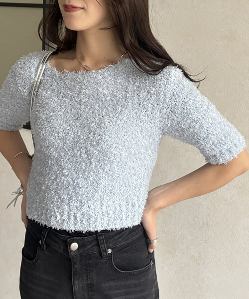 Thevon(ゼボン)の「5分袖リボンヤーンニットプルオーバー(カーディガン/ボレロ・レディース・ベージュ/グレー/ブルー・FREE)」の1枚目の写真