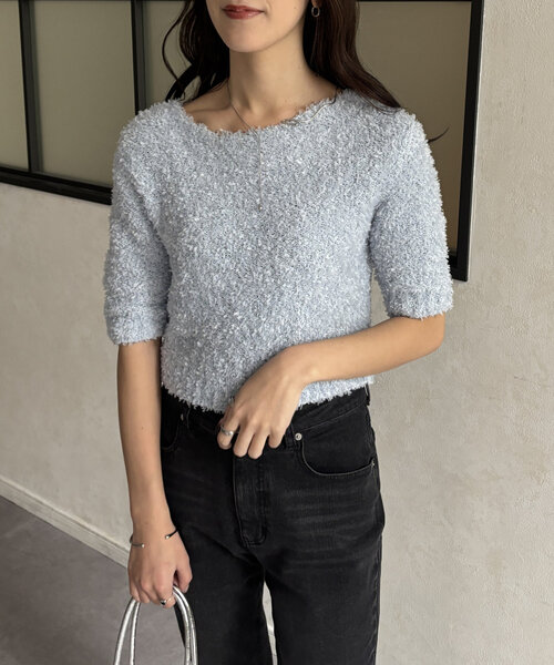 Thevon(ゼボン)の「5分袖リボンヤーンニットプルオーバー(カーディガン/ボレロ・レディース・ベージュ/グレー/ブルー・FREE)」の4枚目の写真