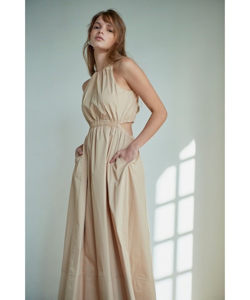 Estella.K エステラケー ピンタック Vネックロングワンピース ベージュ Florence Dress カットアウトドレス（ワンピース）｜Estella.K