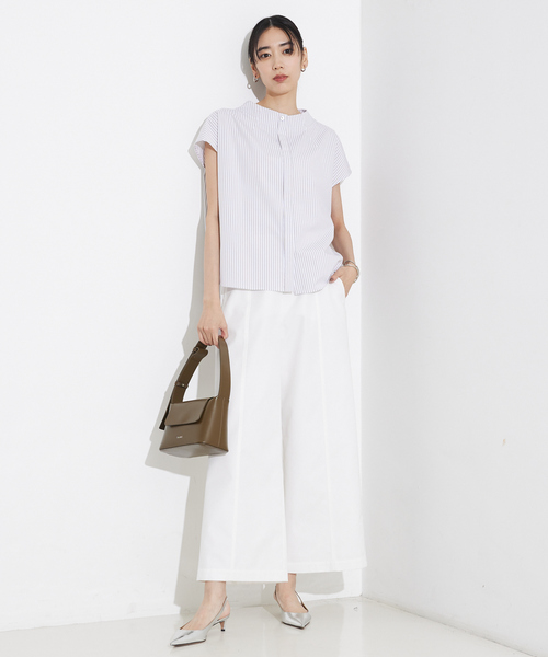 qualite（カリテ）の「ハイネックフレンチシャツ/オフィスカジュアル/夏服（シャツ/ブラウス・レディース・オフホワイト/チャコールグレー/ブルー・フリー）」の9枚目の写真