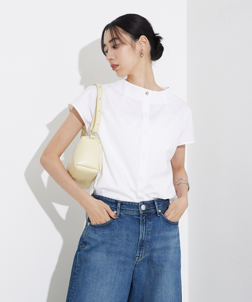 qualite（カリテ）の「ハイネックフレンチシャツ/オフィスカジュアル/夏服（シャツ/ブラウス・レディース・オフホワイト/チャコールグレー/ブルー・フリー）」の10枚目の写真