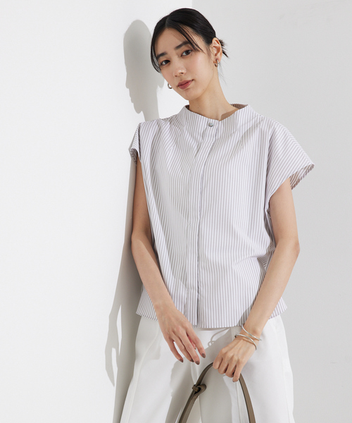 qualite（カリテ）の「ハイネックフレンチシャツ/オフィスカジュアル/夏服（シャツ/ブラウス・レディース・オフホワイト/チャコールグレー/ブルー・フリー）」の11枚目の写真