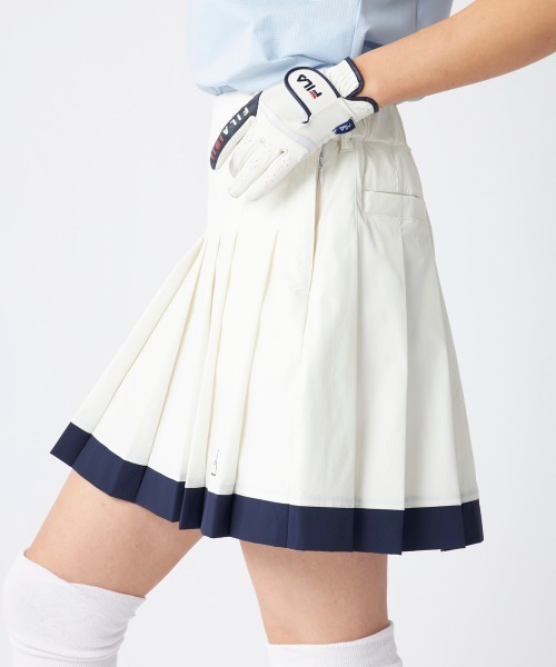 新品8，690円【フィラ　ゴルフ】レディース　スカート L/11号　ゴルフ 在庫処分! FILA GOLF フィラゴルフ ゴルフスカート レディース 丈長め 吸水速乾 ドライ 撥水加工 ストレッチ インナーパンツ付き 台形  スカート 美脚 おしゃれ きれいめ 春夏 白 黒 紺 2025SS karlas | Karlas（カルラス）