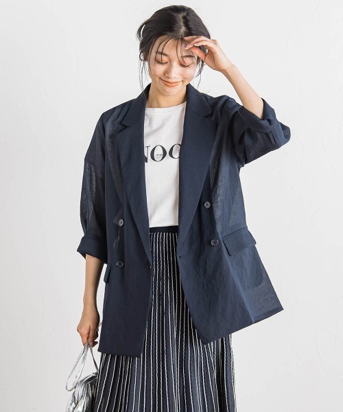 Droite lautreamont（ドロワットロートレアモン）の「シアー麻調合繊ジャケット≪手洗い可能≫（テーラードジャケット・レディース・ネイビー/ベージュ・M）」の4枚目の写真