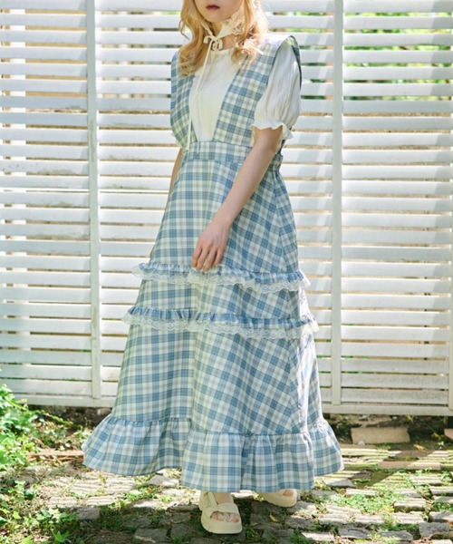 kutir（クティール）の「【クティールとレトロ】アソートティアードレースフリルジャンパースカート（ジャンパースカート・レディース・オフホワイト/ライトブルー/グリーン/ブルー/ピンク・MEDIUM/SMALL）」の4枚目の写真