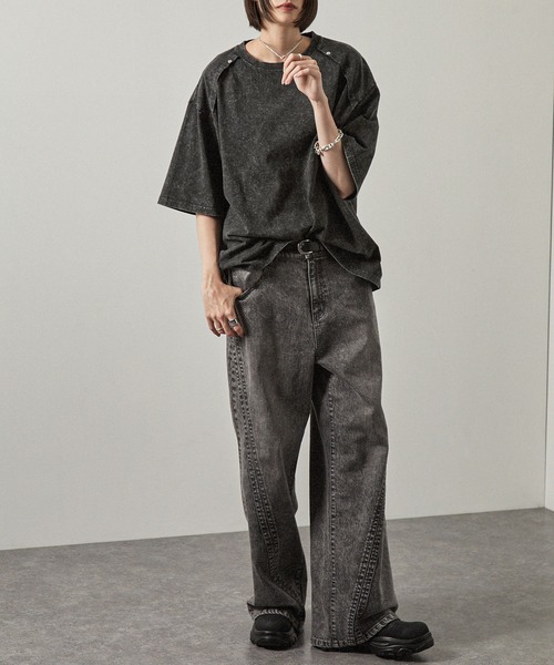 Alfred Alex】ヴィンテージ加工ヨークスタッズ半袖Tシャツ（Tシャツ