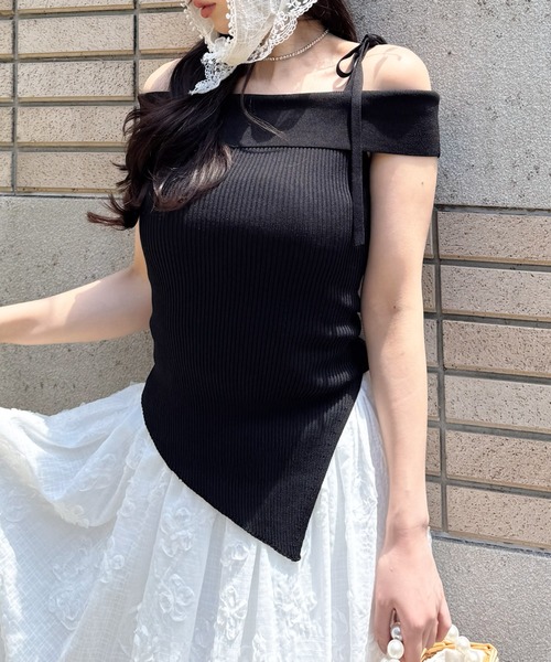 ROYAL PARTY(ロイヤルパーティー)の「アシンメトリーニットトップス(ニット/セーター・レディース・ブラック/オフホワイト/マルチ・FREE)」の2枚目の写真