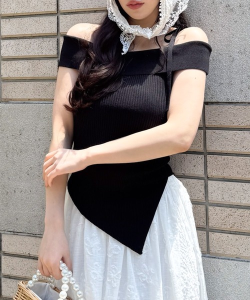 ROYAL PARTY(ロイヤルパーティー)の「アシンメトリーニットトップス(ニット/セーター・レディース・ブラック/オフホワイト/マルチ・FREE)」の6枚目の写真