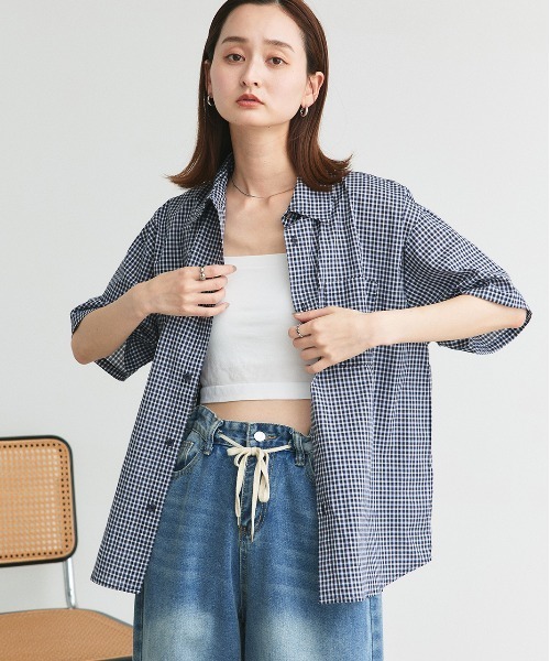 ad thie(アドティエ)の「ハーフスリーブ ポケット付き チェックシャツ(シャツ/ブラウス・レディース・ネイビー/ブルー・FREE)」の18枚目の写真