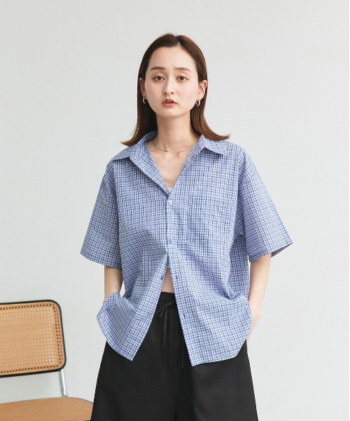 ad thie(アドティエ)の「ハーフスリーブ ポケット付き チェックシャツ(シャツ/ブラウス・レディース・ネイビー/ブルー・FREE)」の13枚目の写真