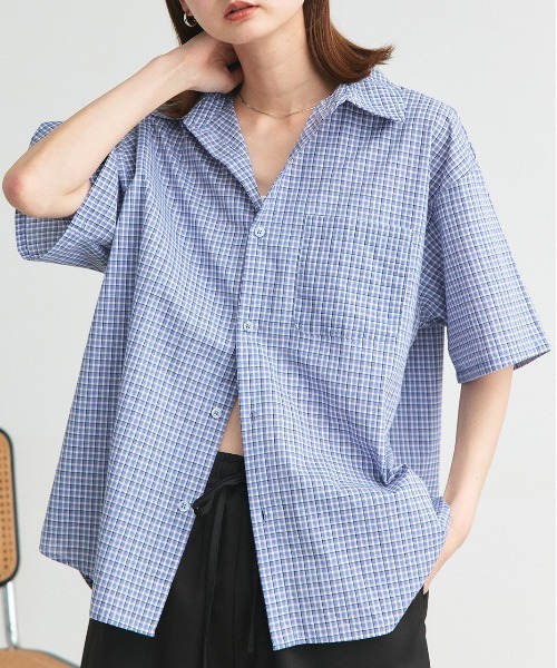 ad thie(アドティエ)の「ハーフスリーブ ポケット付き チェックシャツ(シャツ/ブラウス・レディース・ネイビー/ブルー・FREE)」の12枚目の写真