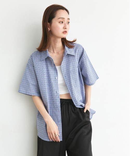 ad thie(アドティエ)の「ハーフスリーブ ポケット付き チェックシャツ(シャツ/ブラウス・レディース・ネイビー/ブルー・FREE)」の7枚目の写真