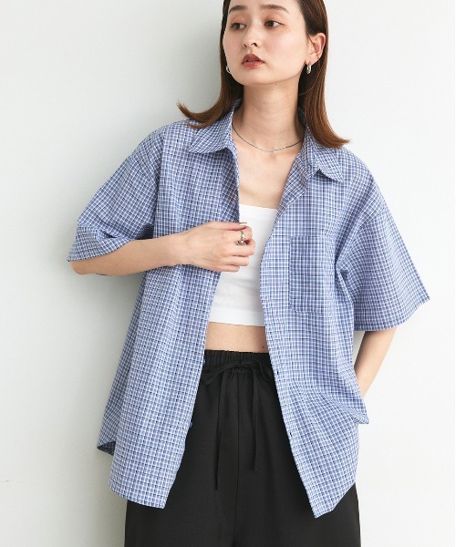 ad thie(アドティエ)の「ハーフスリーブ ポケット付き チェックシャツ(シャツ/ブラウス・レディース・ネイビー/ブルー・FREE)」の6枚目の写真