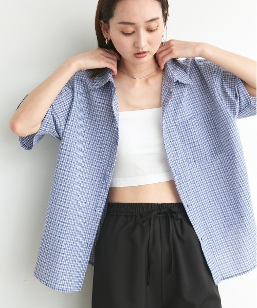 ad thie(アドティエ)の「ハーフスリーブ ポケット付き チェックシャツ(シャツ/ブラウス・レディース・ネイビー/ブルー・FREE)」の5枚目の写真