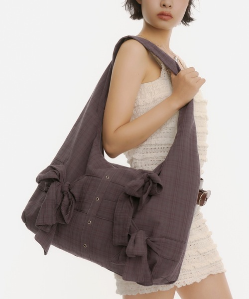 STELLAMcCARTNEY 2way ショルダーバッグ チェック ラフィア風丸底2wayショルダーバッグ（赤ギンガムチェック