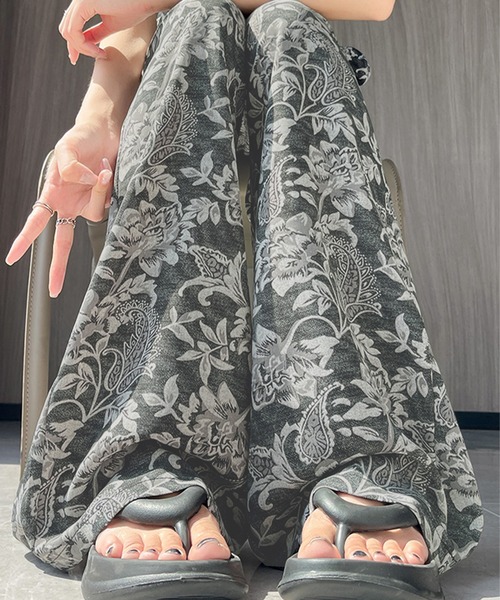 Songe（ソンジュ）の「ハイウエスト総柄ワイドパンツ（スウェットパンツ・レディース・グレー/グレー系/ブラック/グリーン・FREE）」の15枚目の写真