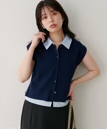フェイクレイヤード衿付きノースリカーディガン