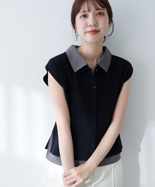 natural couture(ナチュラルクチュール)の「フェイクレイヤード衿付きノースリカーディガン(カーディガン/ボレロ・レディース・オフホワイト/ネイビー/ブラック・FREE)」の10枚目の写真