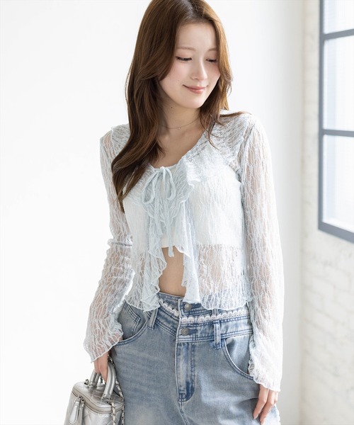clear（クリア）の「フリルレースカーディガン[シースルー 着回し抜群 レイヤード カジュアル]（Tシャツ/カットソー・レディース・アイボリー/ブラウン/ブラック/サックスブルー/ベージュ・F）」の5枚目の写真