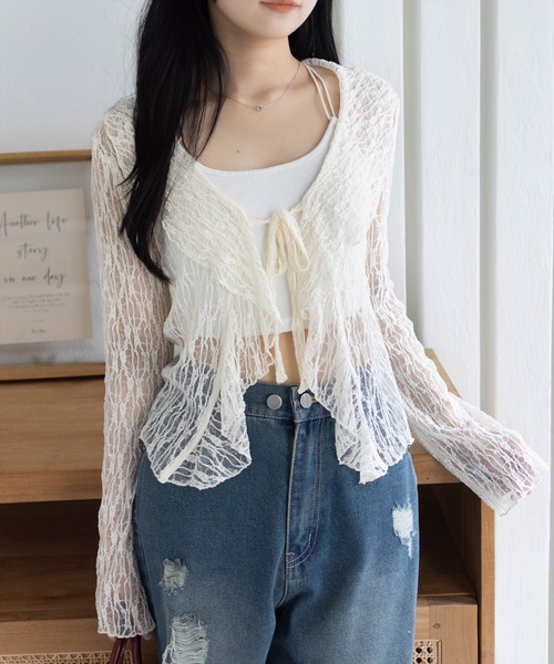【美品】カネコイサオ高級レースフリルカーディガン アイボリー F ガーリーファッションのフリルレースガーリーカーディガン