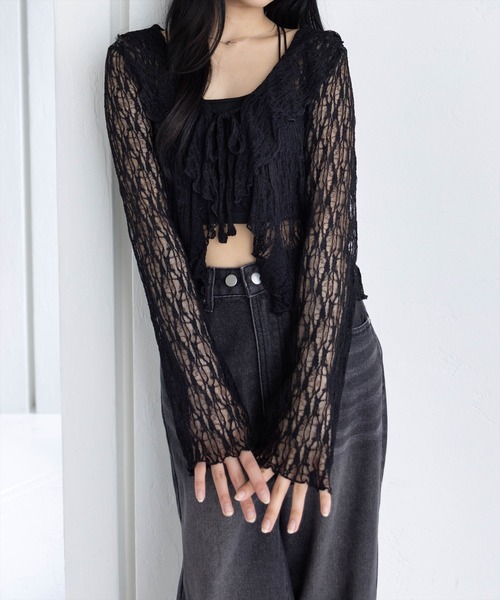 clear（クリア）の「フリルレースカーディガン[シースルー 着回し抜群 レイヤード カジュアル]（Tシャツ/カットソー・レディース・アイボリー/ブラウン/ブラック・F）」の7枚目の写真