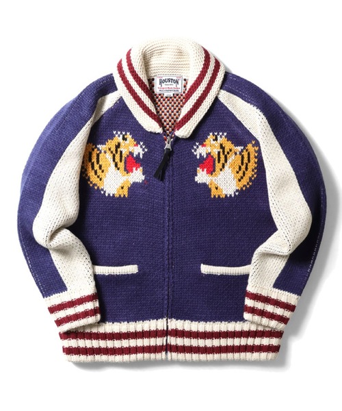 新品❤未使用 ヒューストン ニット カウチン スカジャン トラ 虎 寅 ネイビー セール】HOUSTON ヒューストン COWICHAN SWEATER TIGER 手編み