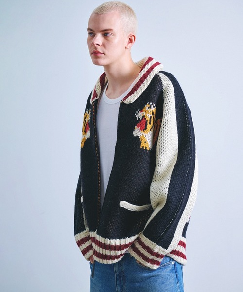 別格 圧巻の顔虎×薔薇デザイン ラルフローレン カウチン ニットジャケット XS HOUSTON ヒューストン COWICHAN SWEATER TIGER 手編み カウチン ニット