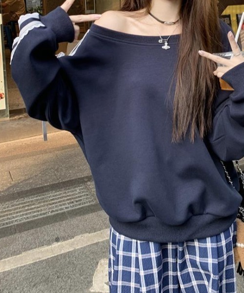 SHEPP(シープ)の「サイドライン レース リボン オフショル スウェット(スウェット・レディース・ネイビー/グレー・S/M)」の19枚目の写真