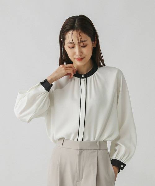 ツバクロ セール】キレイつづくパイピングブラウス/579496（シャツ/ブラウス