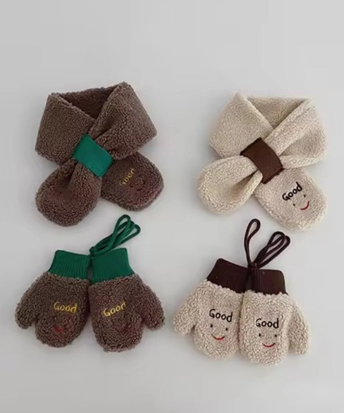 hymy（ヒュミュ）の「【 hymy-ヒュミュ- 】 キッズ ボア 配色 紐付き ミトン手袋 #（手袋・キッズ・ベージュ/ホワイト/ブラウン/ピンク・FREE）」の2枚目の写真