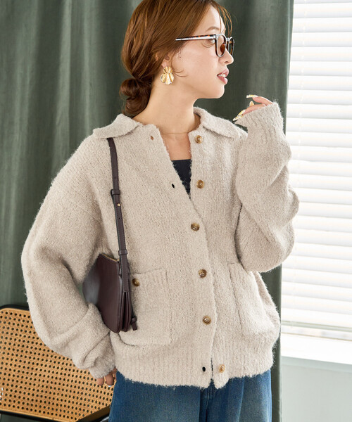 セール】限定展開 ブークレニット 襟付き ニット ボタン カーデ