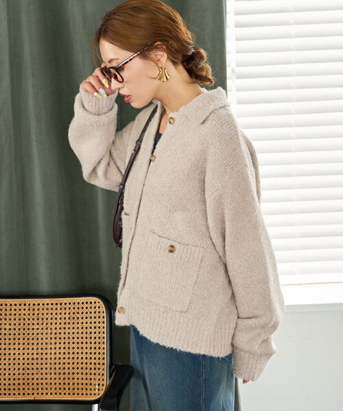 セール】限定展開 ブークレニット 襟付き ニット ボタン カーデ