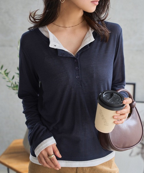 KOBE LETTUCE（コウベレタス）の「レイヤード風ヘンリーネックシアートップス（Tシャツ/カットソー・レディース・ブラウン/ワイン/チャコール/ネイビー・M）」の6枚目の写真