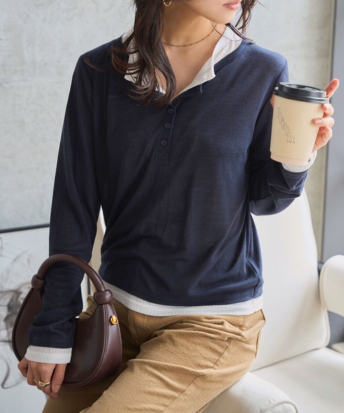 KOBE LETTUCE（コウベレタス）の「レイヤード風ヘンリーネックシアートップス（Tシャツ/カットソー・レディース・ブラウン/ワイン/チャコール/ネイビー・M）」の9枚目の写真