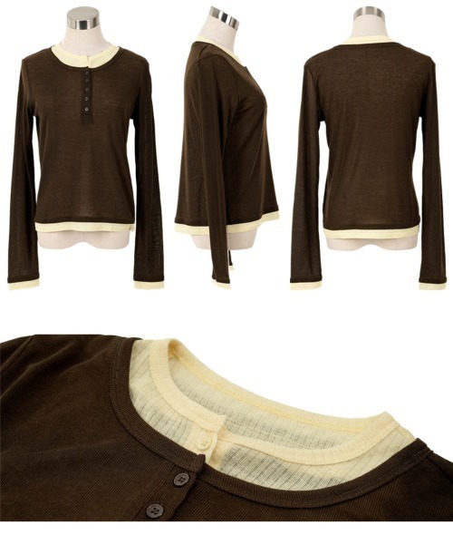 KOBE LETTUCE（コウベレタス）の「レイヤード風ヘンリーネックシアートップス（Tシャツ/カットソー・レディース・ブラウン/ワイン/チャコール/ネイビー・M）」の10枚目の写真