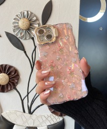 Loco Ocean(ロコオーシャン)の小花柄 立体フラワー クリア スタンド / なみなみフレーム スマホカバー iPhoneケース ( 12 / 13 / 14 / 15 / 16 )(スマホケース/カバー)