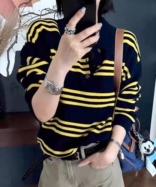 VIBGYOR（ヴィブジョー）の「マルチボーダーラガーシャツ ポロニット/韓国 オーバーサイズ (CZ)（ニット/セーター・レディース・ブラック/イエロー・FREE）」の11枚目の写真