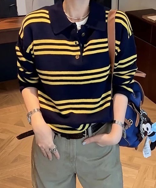 VIBGYOR（ヴィブジョー）の「マルチボーダーラガーシャツ ポロニット/韓国 オーバーサイズ (CZ)（ニット/セーター・レディース・ブラック/イエロー・FREE）」の12枚目の写真