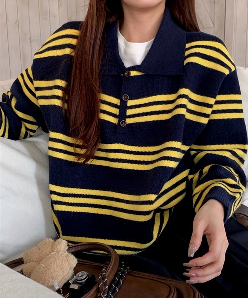 VIBGYOR（ヴィブジョー）の「マルチボーダーラガーシャツ ポロニット/韓国 オーバーサイズ (CZ)（ニット/セーター・レディース・ブラック/イエロー・FREE）」の13枚目の写真