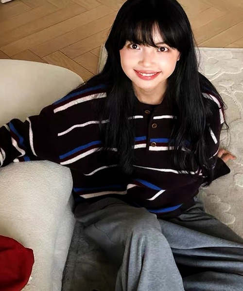 VIBGYOR（ヴィブジョー）の「マルチボーダーラガーシャツ ポロニット/韓国 オーバーサイズ (CZ)（ニット/セーター・レディース・ブラック/イエロー・FREE）」の15枚目の写真